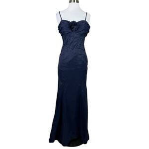 Blondie Nites Juniors's Satin Lace Up Long Mermaid Gown Navy Blue Size 7 Dress